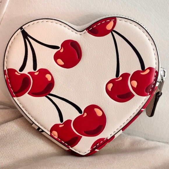 Coach Cherry Print Heart Coin Purse CZ477 Red Cherry Mini Zip Pouch - Picture 7 of 11